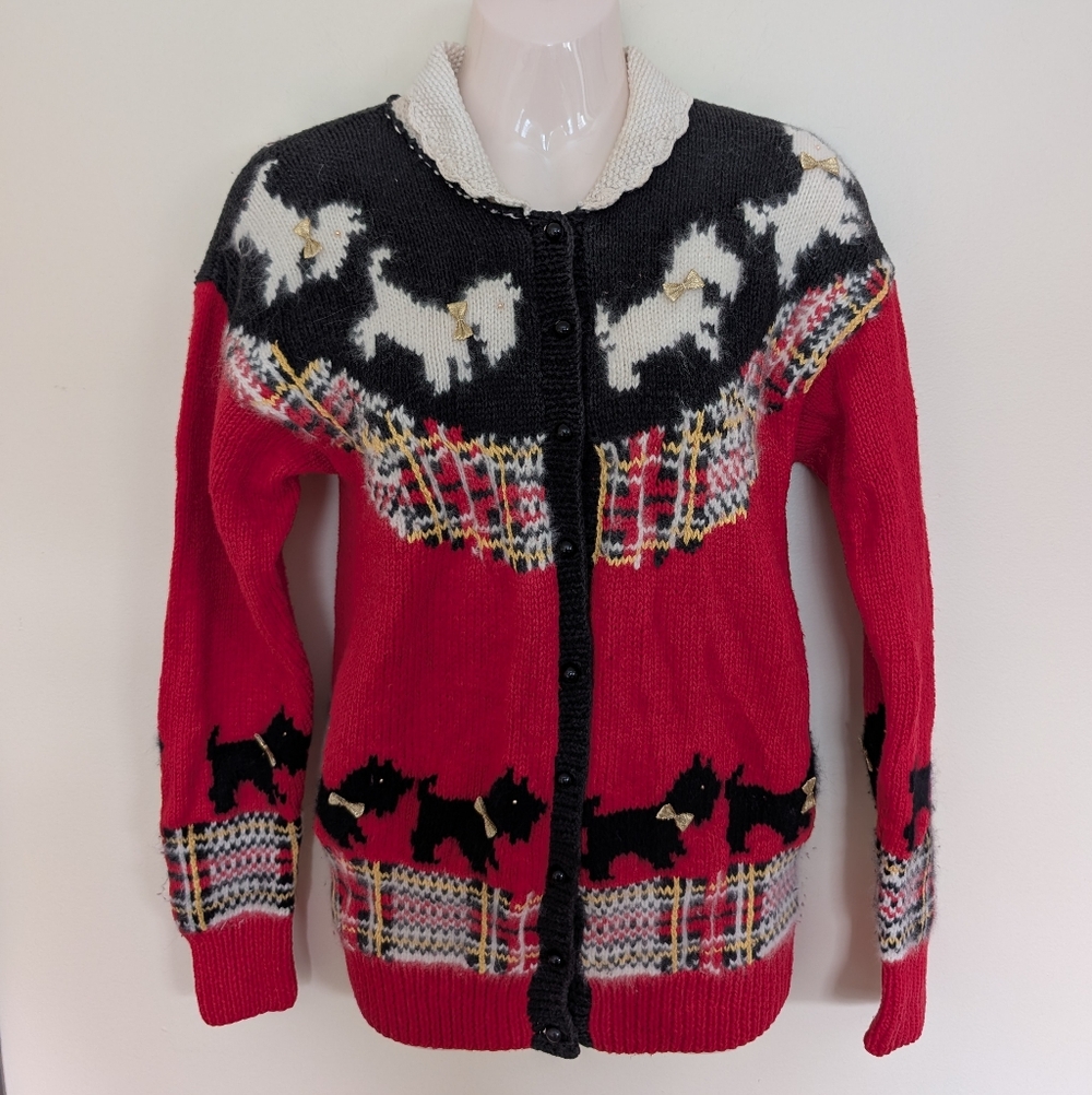 Vintage Handknit Scottish Terrier Dog Knit Cardigan Sweater Small